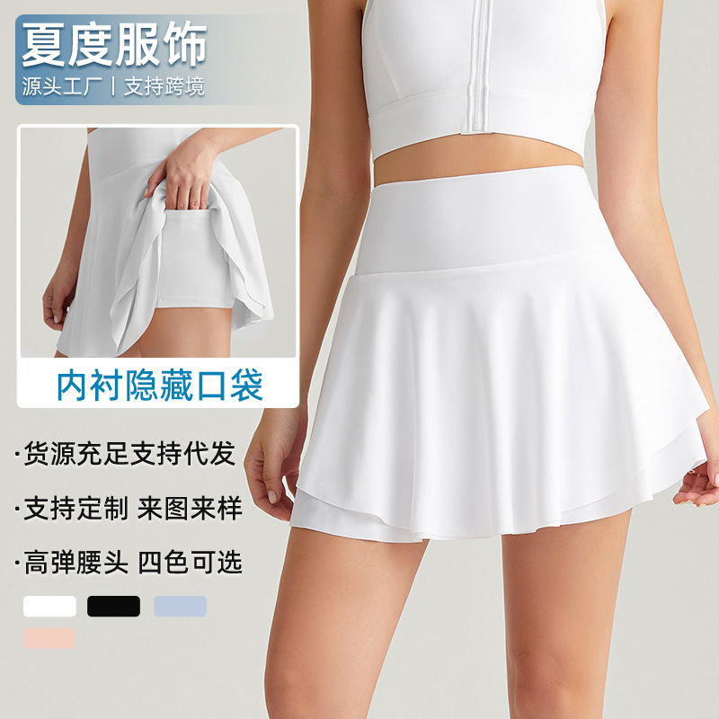 Summer Sports Short Skirt with Anti-Exposure Pockets, Tennis Skirt, Half Skirt, Faux Two-Piece Pleated Yoga Fitness Sports Skort
