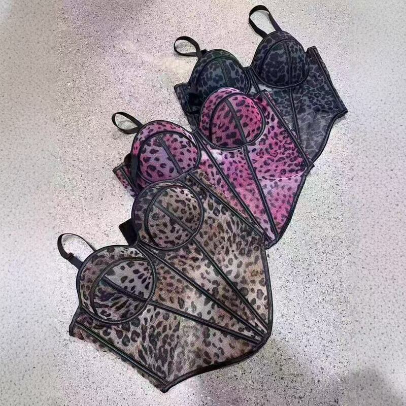 Sexy Leopard Print Patchwork Bra Camisole with a High-End Feel, Featuring Mesh Lace and See-Through Design, Suitable for Outerwear or as an Inner Layer, with Fishbone Bra Support