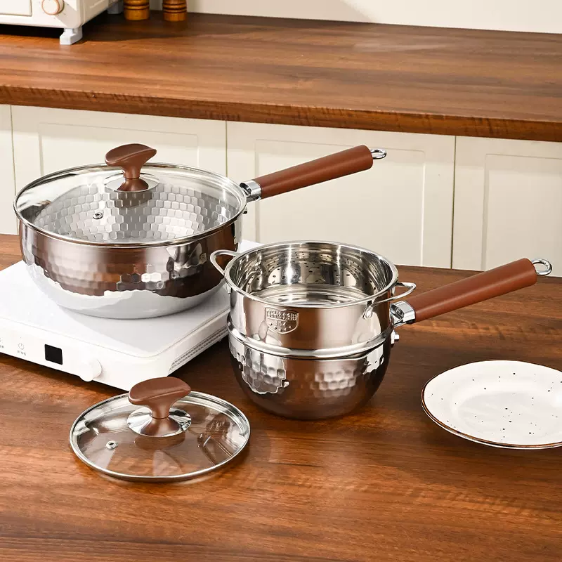 鸿俊达316L不锈钢雪平锅家用木柄汤锅厨房双层蒸锅婴儿宝宝辅食锅