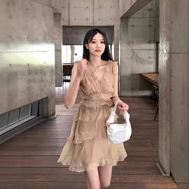 H23476法式高级感纱裙温柔风仙女无袖木耳边收腰连衣裙子夏季2023
