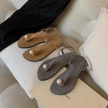 怦然心动~贵气澳白珍珠极简夹脚T字带真皮平底凉鞋女