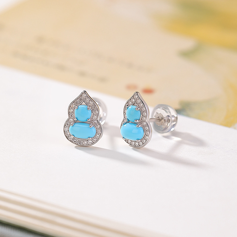 Bông tai bạc S925 đính đá turquoise hình hồ lô phong thủy may mắn — Cặp đôi