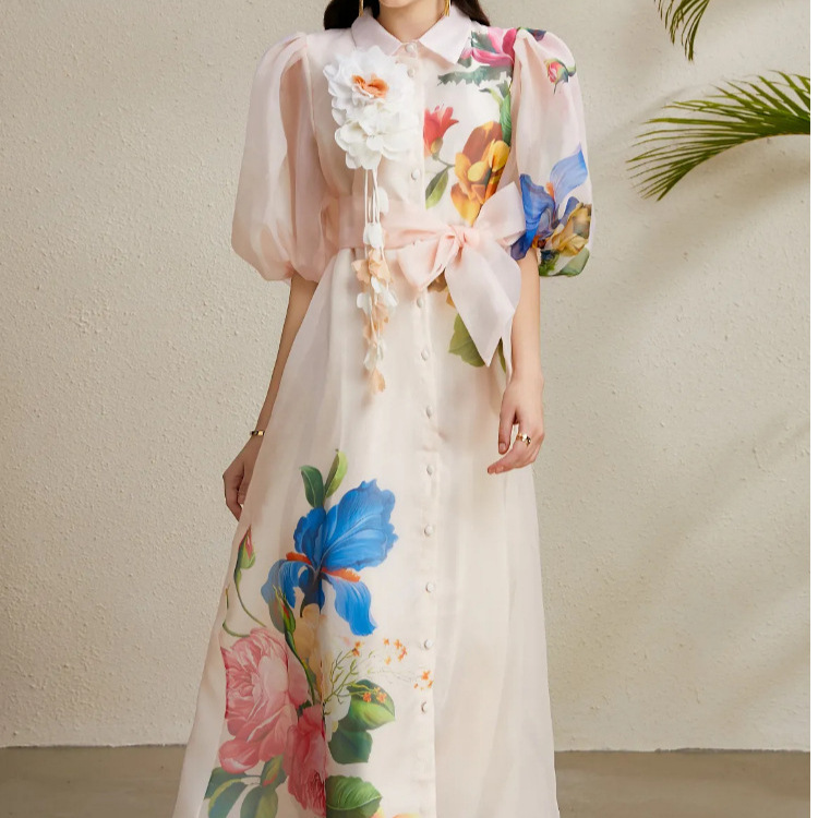 法式优雅连衣裙女夏季宫廷风绑带收腰立体花朵灯笼袖印花网纱长裙