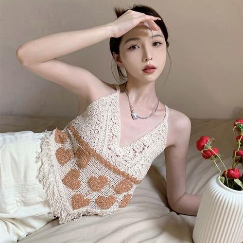 Ethnic Style Knitted Hollowed-out Suspender Top Women's Design Sense Tassel V-Neck Retro Outerwear Shortlet