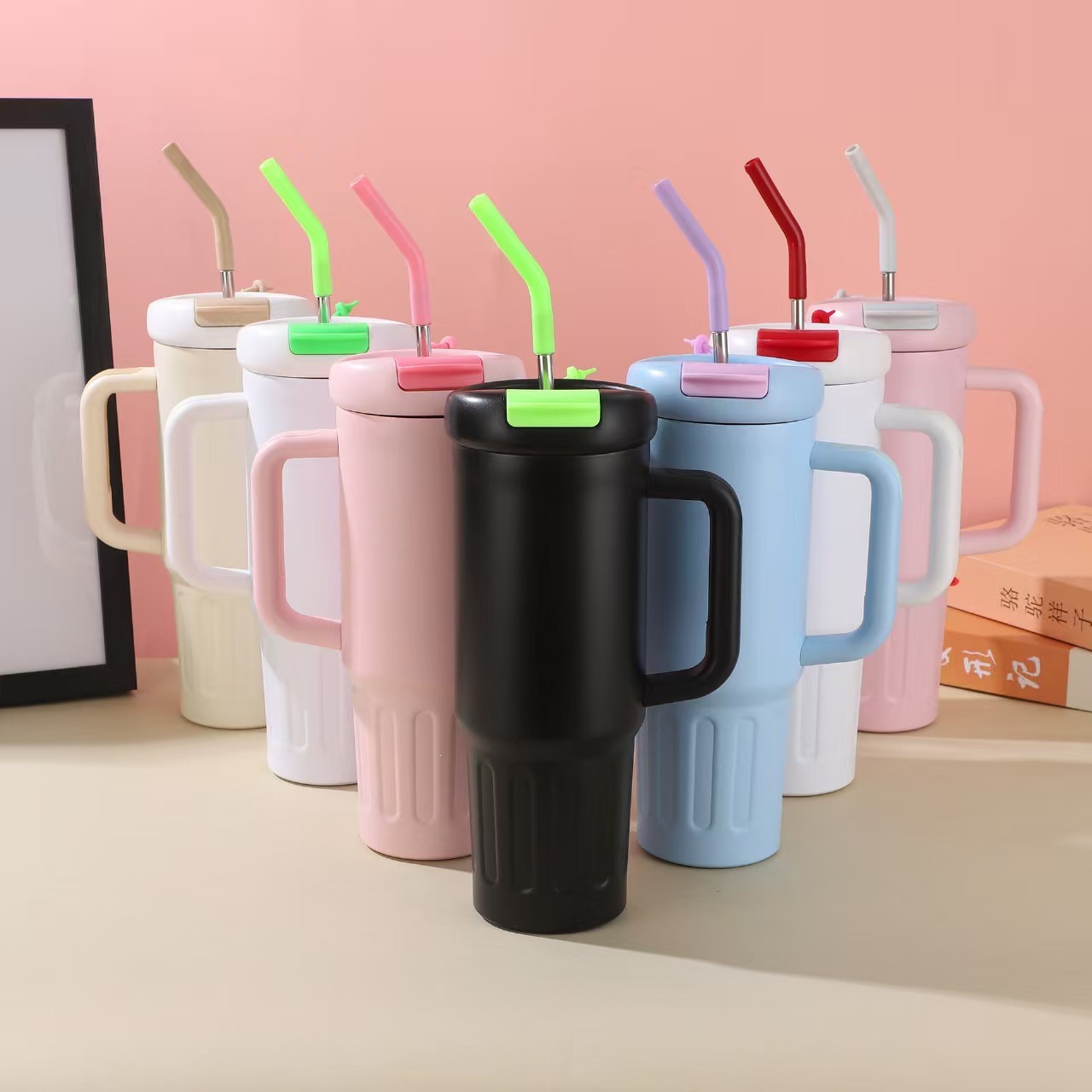 Gran capacidad transfronteriza 40oz taza de hielo con mango taza de aislamiento de acero inoxidable taza portátil de paja taza de automóvil al por mayor