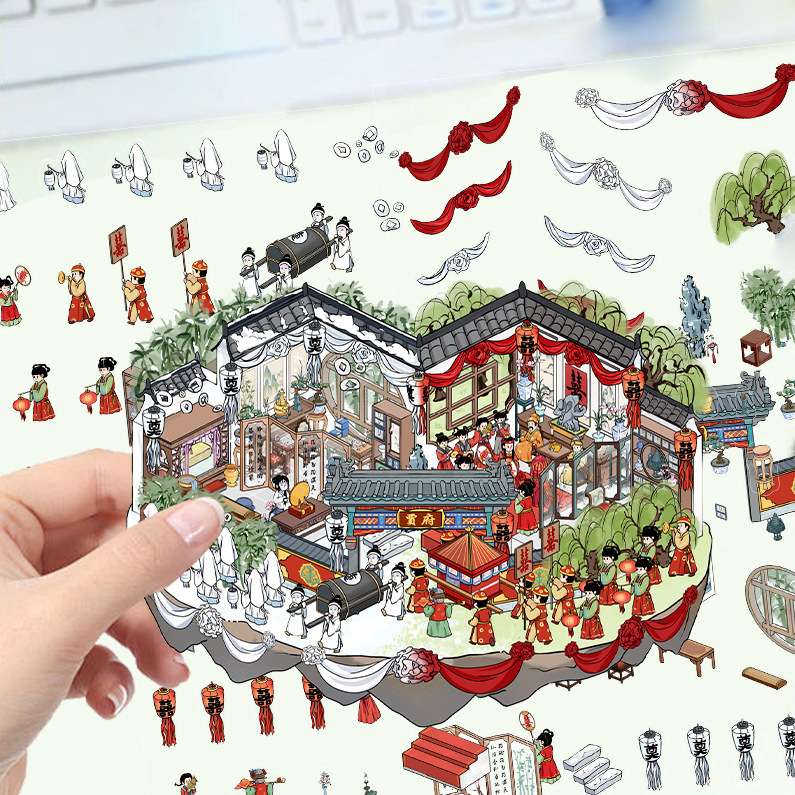 漫画造園ステッカー、さまざまなミニチュア世界 3D キャビン、リトルレッドブック減圧 DIY シーンハンドブックステッカー卸売 PET|undefined