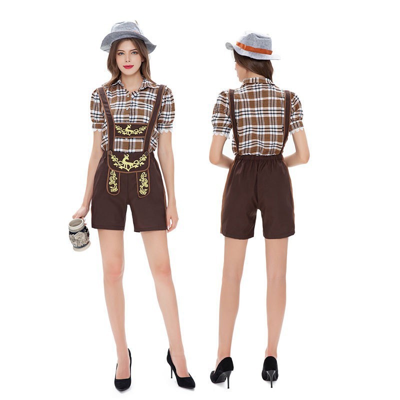 German beer adult checkered overalls set Bavarian ethnic stage performance costume women's clothing_voghion.com