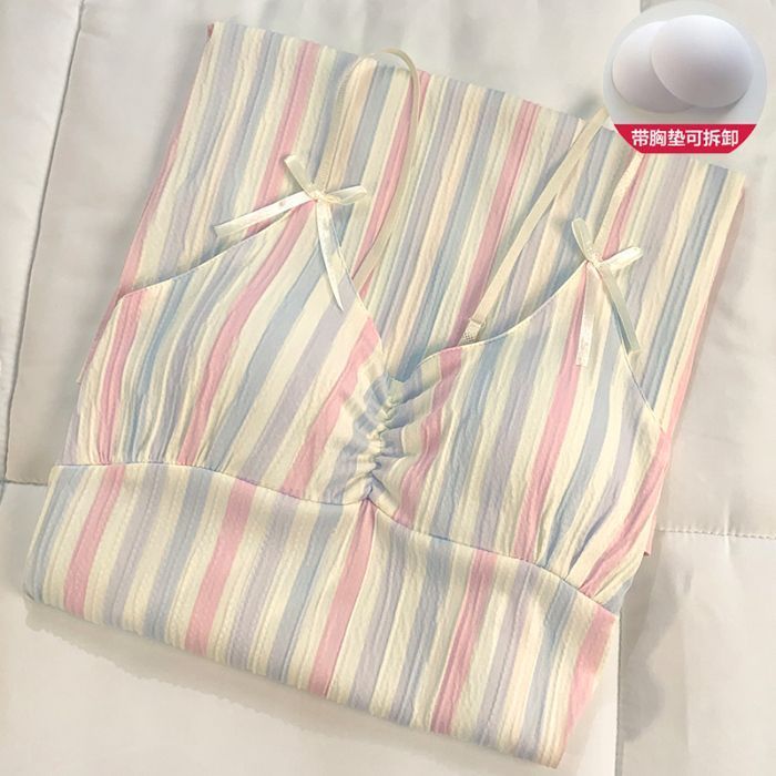 Venta al por mayor transfronteriza de tela arrugada de algodón de imitación de verano con almohadilla para el pecho, camisón, camisón, servicio a domicilio, pijamas de mujer, impresión fresca de comercio exterior