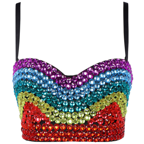  rainbow glitter gemstones brief paragraph dance Latin dance vest tops for women girls diamond stage costumes backless glitter vests for Women girls singer gogo dancers jazz dance jeans bra tops