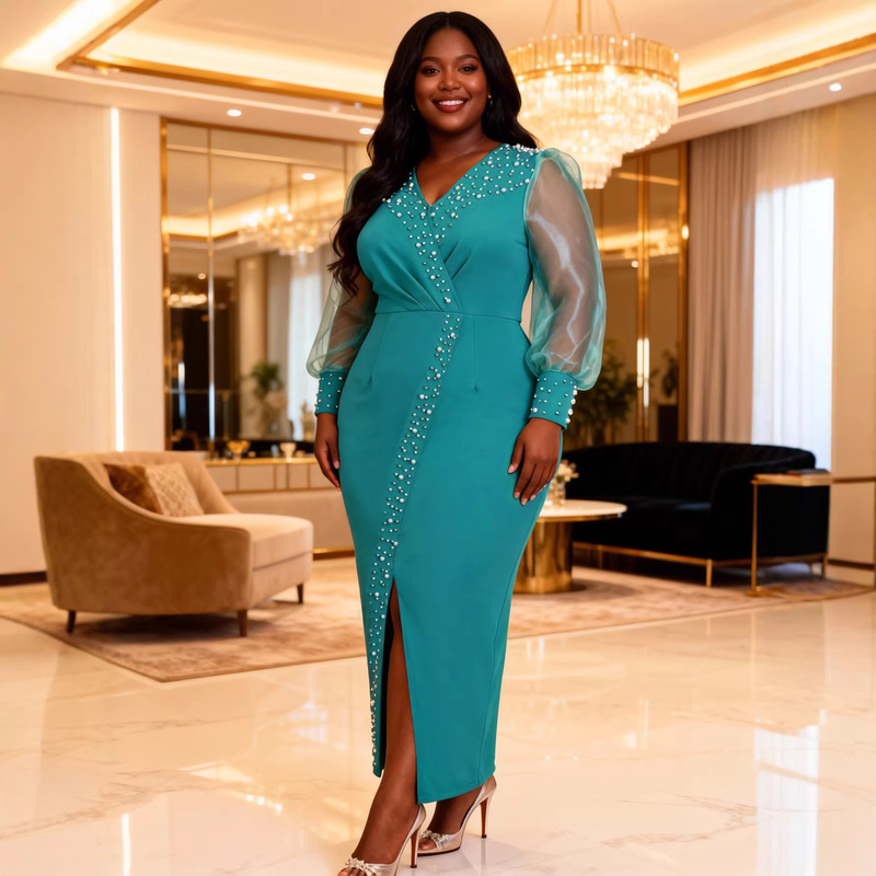 Plus-Size Women's Lake Green Pearl Dress with V-Neck, Slimming Effect, Sheer Sleeves, Waist-Cinching, Slit, Elegant Party Gown Plus-Size Women's Lake Green Pearl Dress with V-Neck, Slimming Effect, Sheer Sleeves, Waist-Cinching, Slit, Elegant Party Gown
