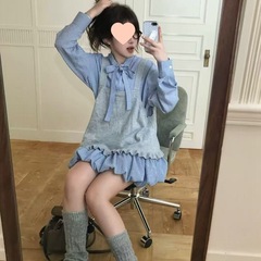 韩系复古格子蝴蝶结系带衬衫裙显瘦花苞裙女背心甜美套装秋季纽扣