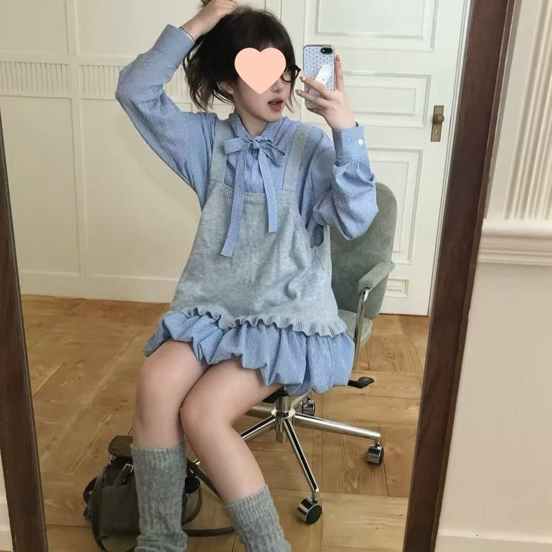 韩系复古格子蝴蝶结系带衬衫裙显瘦花苞裙女背心甜美套装秋季纽扣|undefined