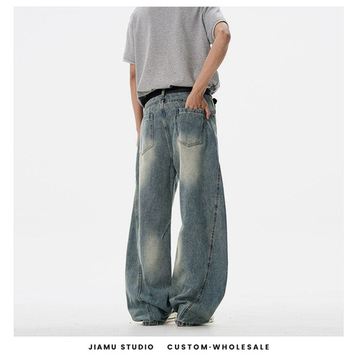 JIAMU Cat Whisker Scythe Pants Baggy Jeans American Street Fashion Unisex Wide Leg Bow Knife Denim Jeans for Men and Women