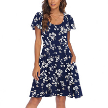 Printed U-neck short-sleeved dress Ůʿӡ��U�I���������B��ȹ