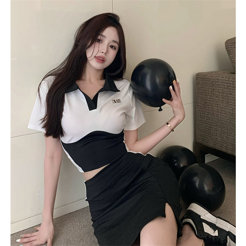 TZ0964 Hong Kong Style College Style Hot Girl Skirt polo Collar Short Sleeve T-shirt Hip Skirt Summer Fashion Two-piece Set for Women