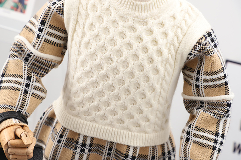 Girls' Sweater Autumn/Winter 2023 New Fashionable Korean Edition Thickened Plaid Splicing Fried Dough Twists False Two_voghion.com