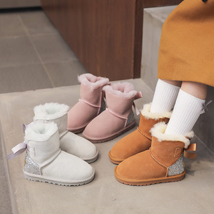 2025 Autumn and Winter New Genuine Leather Cowhide Children's Wool Snow Boots Sequined Heel Bow Girls Cotton Shoes Anti-Slip