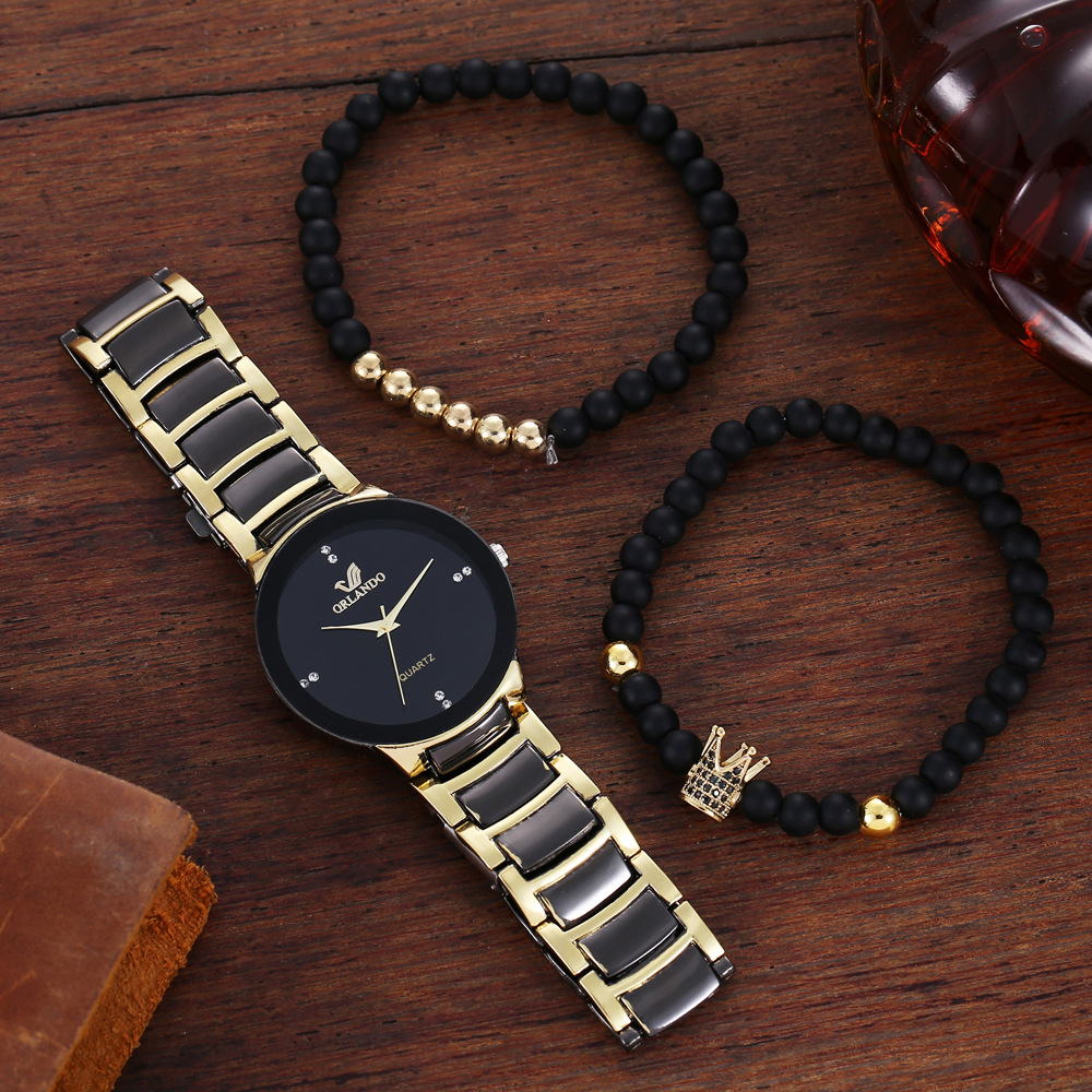 Tendenza moda maschile, quadrante personalizzato e minimalista, orologio al quarzo con cinturino in acciaio + braccialetto (3 pezzi/set)_voghion.com
