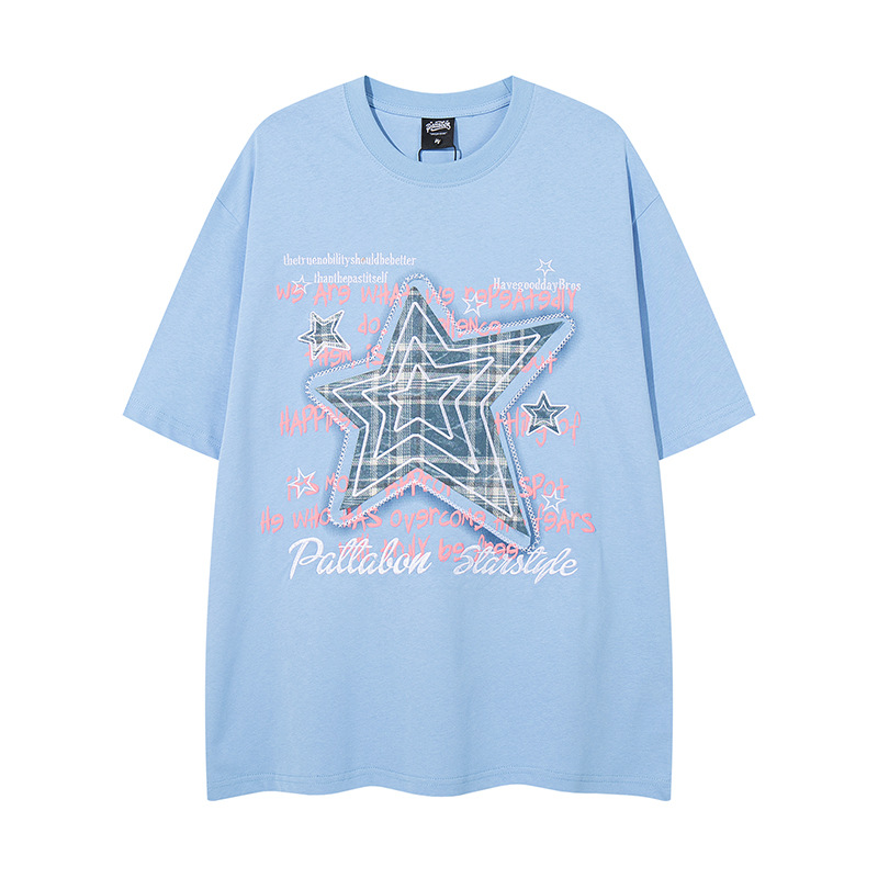 TKPA Original Chinese-style Trendy Couple T-Shirts – Summer New Collection: Sweet & Cool Starry Contrast-Colored Embroidered Short-Sleeve Tees for Men and Women