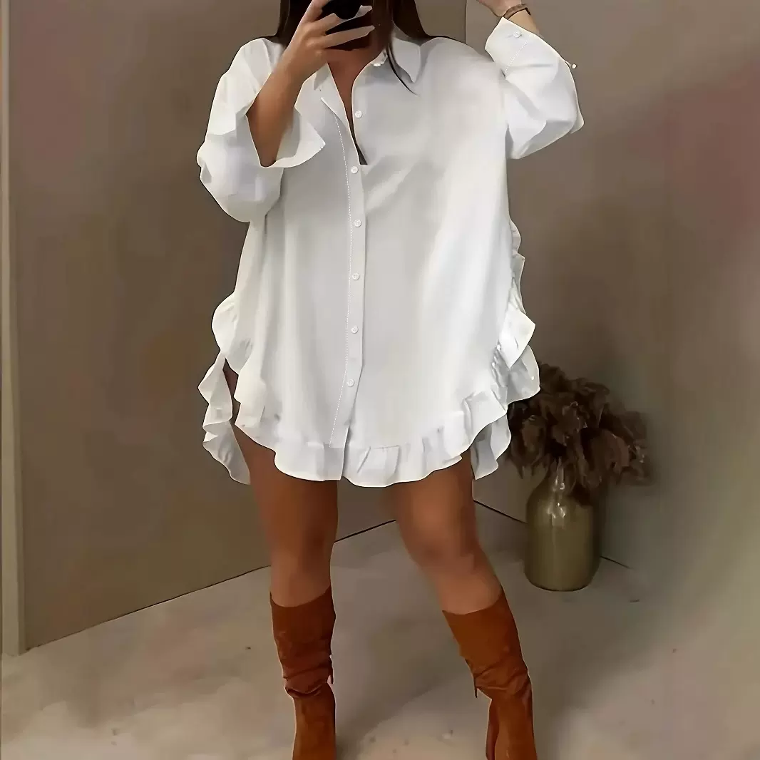 褶皱荷叶花边下摆春夏衬衫宽松纯色亚马逊欧美跨境女装