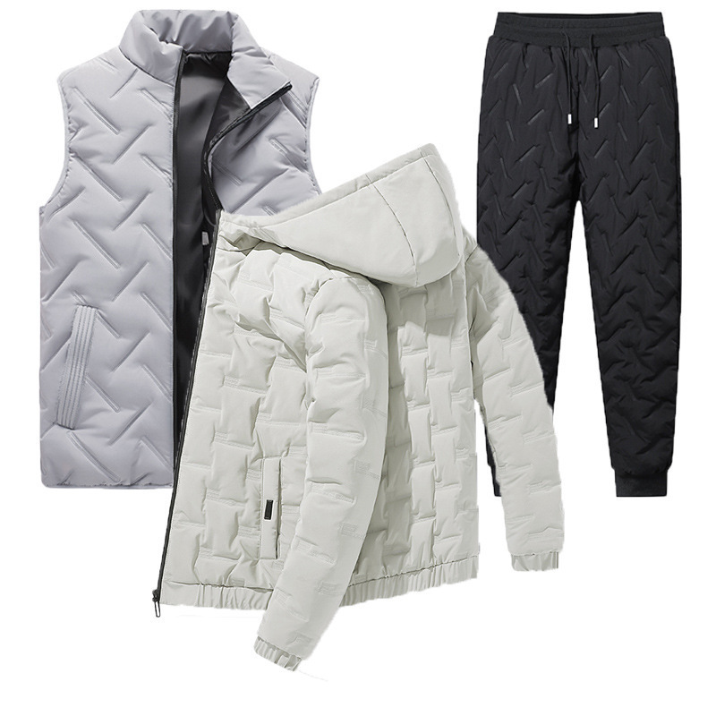 Comercio exterior transfronterizo hombre de algodón grueso abrigo de invierno nuevo conjunto de ropa de invierno de tres piezas chaqueta de algodón de plumón cálido conjunto