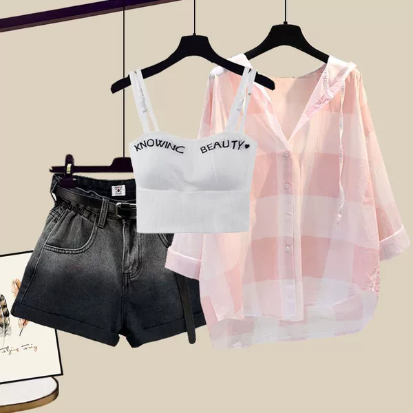 Shirt, vest, denim skirt, shorts, set, 3 piece set