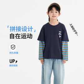 2026年秋季儿童上衣时尚潮流印花美式字母长袖T恤圆领舒适假两件