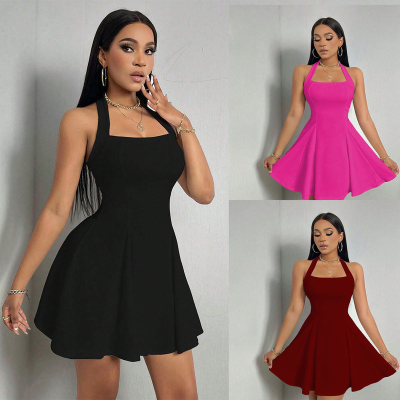 Y2K New Style 2026 European and American Cross-Border Women's Clothing Sexy Halter Neck Backless Waist-Cinching A-Line Flared Short Skirt Dress