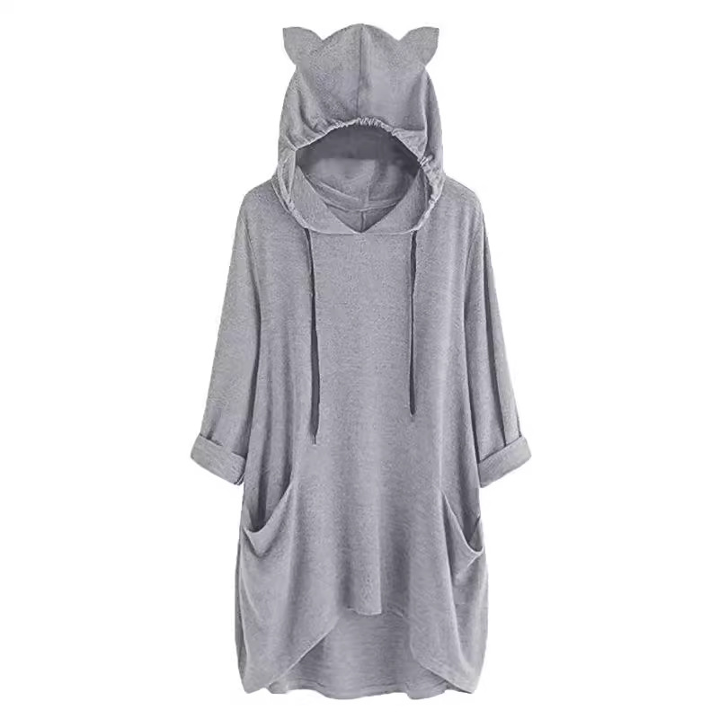 Comercio exterior estación independiente Amazon color sólido lindo orejas de gato bolsillo largo suéter moda más tamaño superior europeo y americano