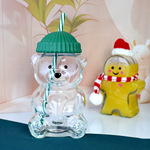 玻璃吸管小熊杯玻璃钠钙吸管杯节日吸管杯硅胶盖吸管杯圣诞吸管杯