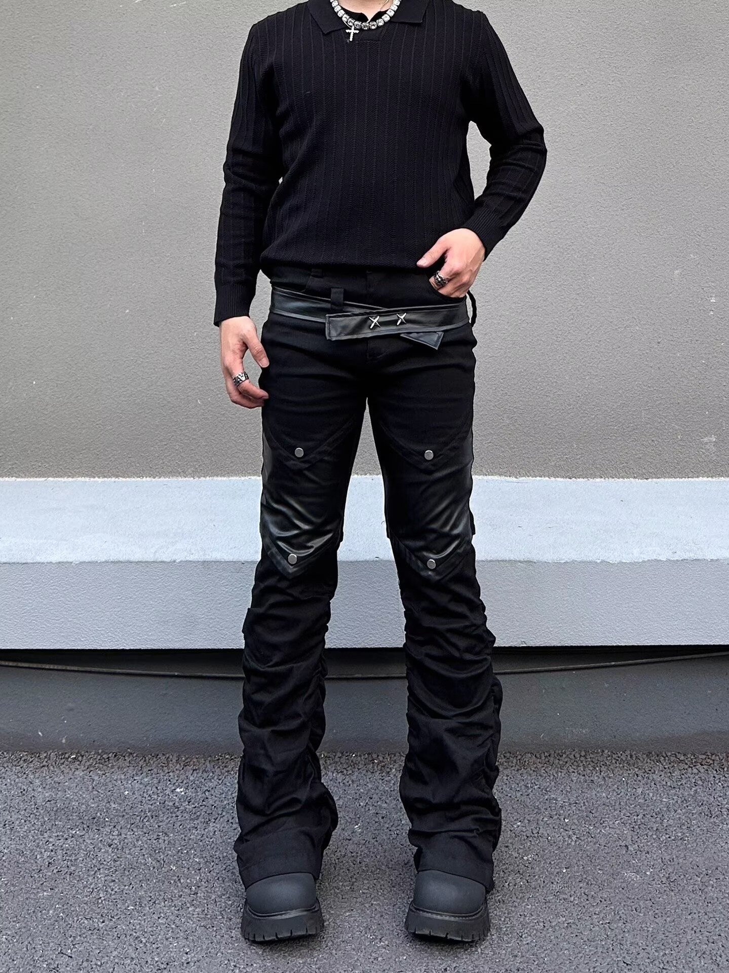 Men's Retro Washed Distressed Cleanfit Jeans Slightly Flared Slimming Black High Street Style American Vibe Curved Pants_mkmklike.com