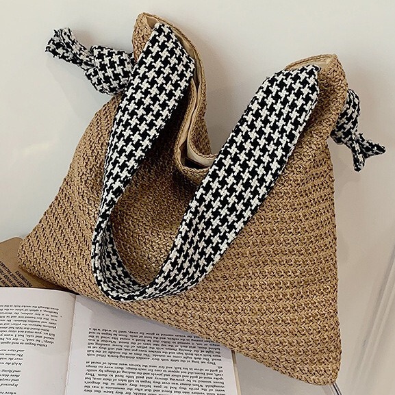 Korean Style Ins Navy Style Straw Woven Bag 2026 New Handmade Single-Shoulder Woven Women's Bag Relaxed Vacation Beach Bag