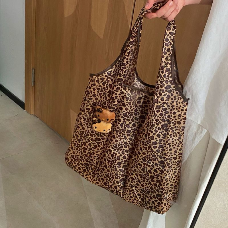 かわいいヒョウ柄の猫の折り畳み袋の大容量のハンドバッグの女性の大衆は携帯してミニ環境保護のショルダーバッグの女性を持ちます。|undefined