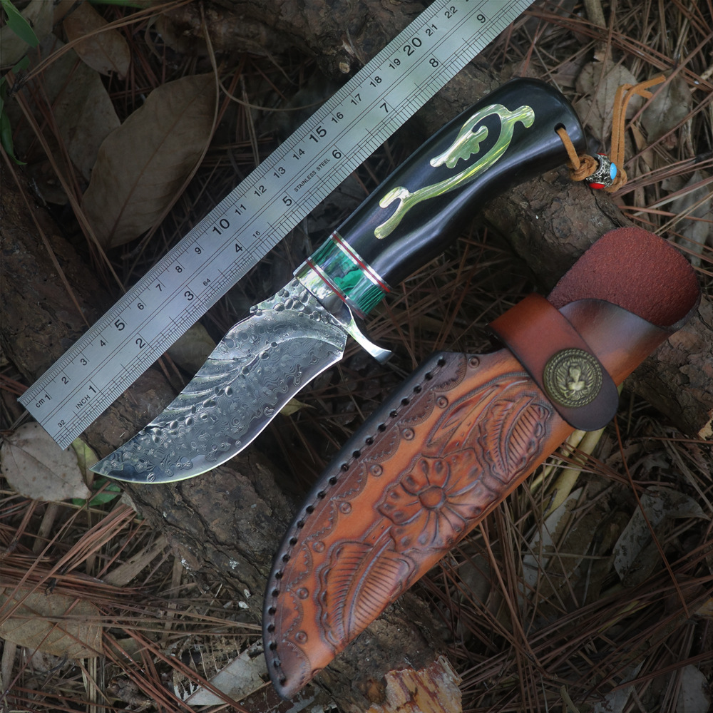 大马士革钢VG10户外刀具高硬度小直刀手把肉野外求生防身随身刀具