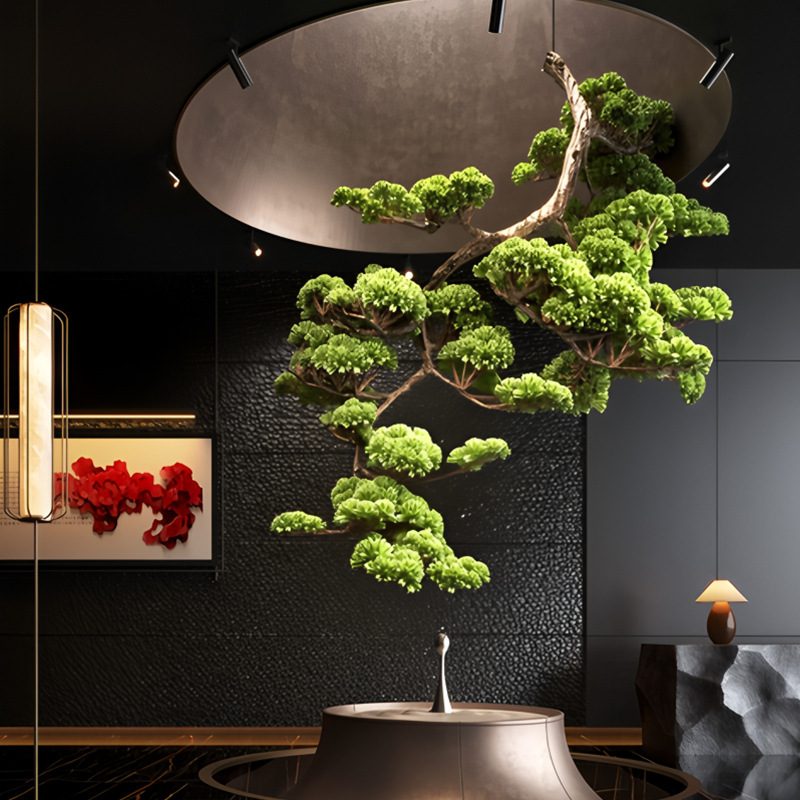 吊り下げシミュレーションウェルカムパインリアルグリーン植物新しい中国風逆さま風景植物茶室玄関窓偽木の装飾品|undefined