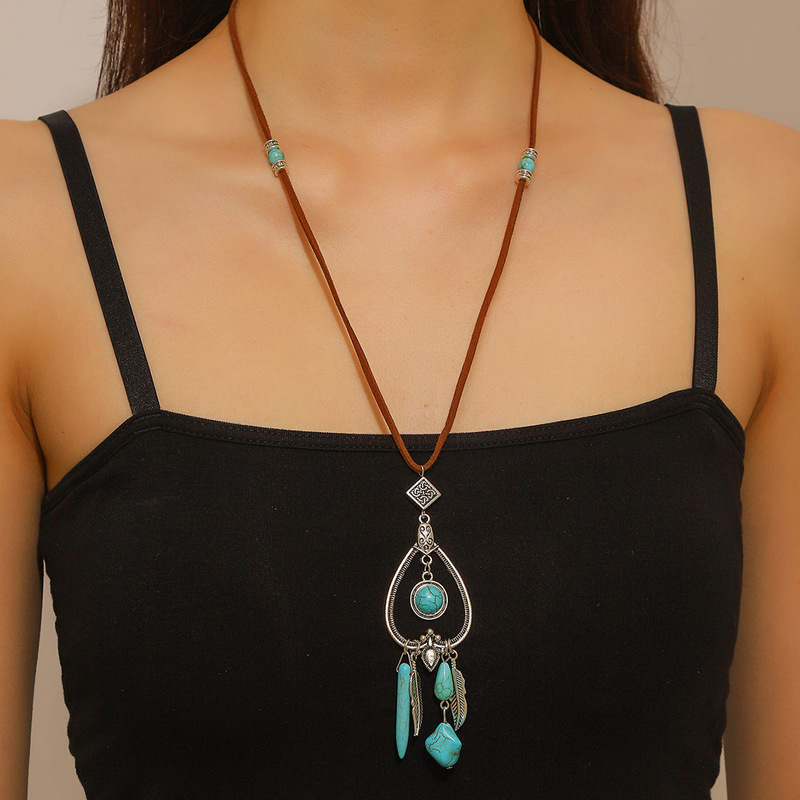 Cross-Border Hot Selling Bohemian Ethnic Style Autumn and Winter Jewelry Turquoise Pendant Fashion Retro Long Sweater Chain