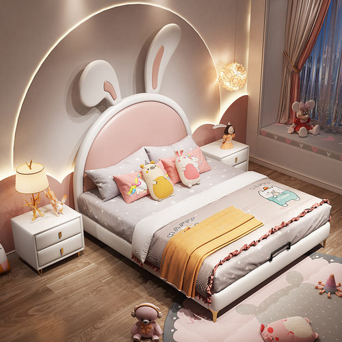 Children's Bed for Girls, Princess Bed, Modern Simple Cartoon Rabbit Bed 1.5m Single Bed for Bedroom, Storage Bed for Little Girls