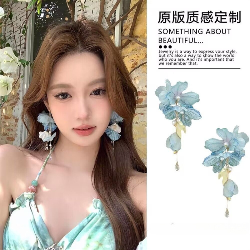 夏日蓝色花朵流苏耳环2025新款绝美夸张海边度假风耳饰夏天耳环|undefined