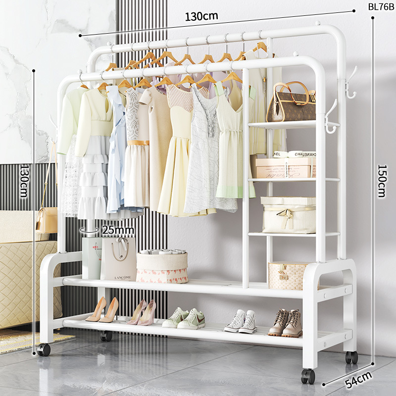 BL76B-25 라운드 코트 랙 더블 로드 더블 사이드 3 층 스토리지 네트 4 후크 130 화이트 + 휠