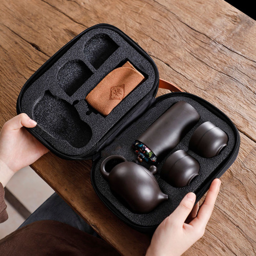 Portable Bag for Zisha Travel Tea Set - 1 Pot, 4 Cups, Quick Cup Car Travel Gongfu Ceramic Teapot