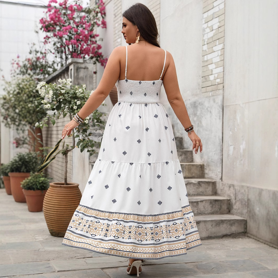 Estación independiente transfronteriza Vestido europeo y americano Ropa de mujer Primavera/Verano 2025 Vestido de tirantes de cintura con estampado de temperamento de comercio exterior