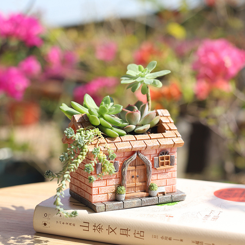 Chậu Cây Resin Chậu cây hình ngôi nhà đồng quê resin, chậu mọng nước mini, trang trí bàn và sân vườn (RG-80)