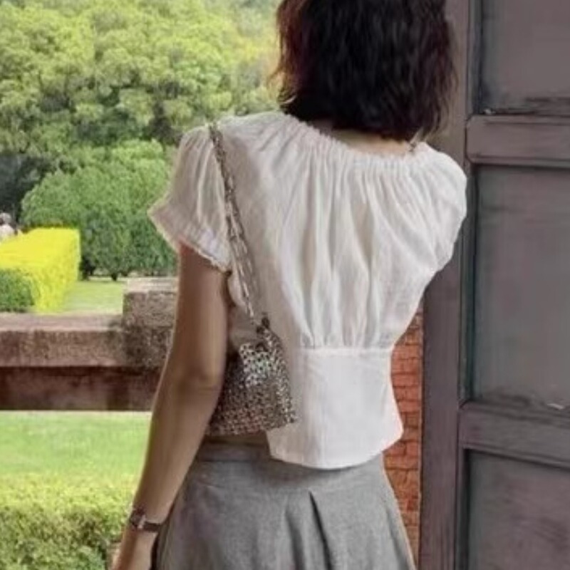 衬衫女2025夏季新款chic收腰甜美花边泡泡袖圆领清纯短款小衫上衣|undefined