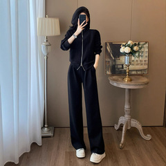 高级感黑色休闲运动套装女秋季时尚减龄显瘦外套上衣阔腿裤两件套