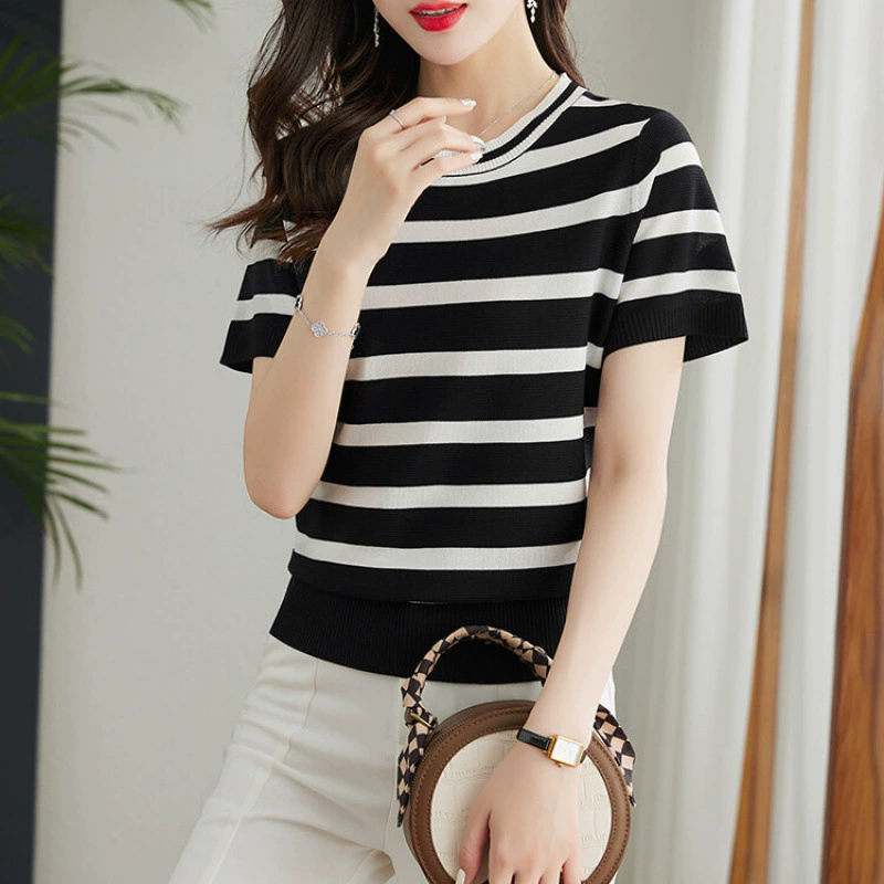 Короткая летняя футболка контрастного цвета в полоску с короткими рукавами и круглым вырезом, новый стиль 2025, женская утягивающая одежда в горизонтальную полоску, элегантная рабочая одежда для мам