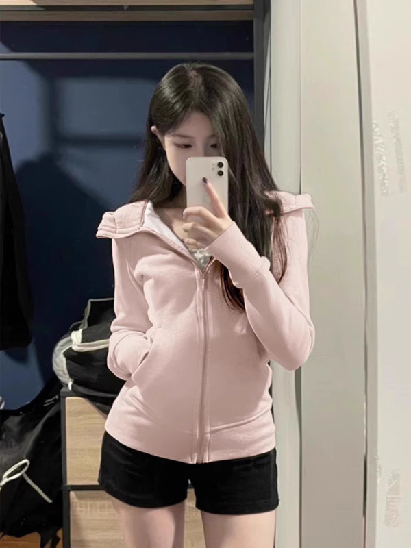 外套女款短款收腰秋季穿搭修身连帽秋天上衣紧身粉色卫衣2025新款|undefined