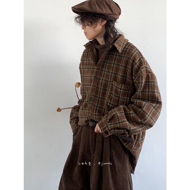 2025 Spring and Autumn Workwear Woolen Plaid Shirt Men's Retro Casual Loose Ins Casual Long Sleeve Shirt Jacket