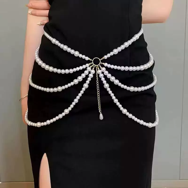 WC-1多层珍珠腰链女韩国裙子百搭复古装饰流苏腰带毛衣连衣裙配饰