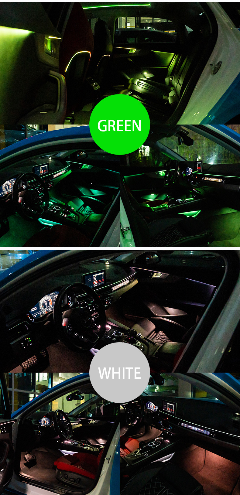 Thuning-free car atmosphere lamp optical fiber line cold light 64 color car atmosphere lamp APP control application