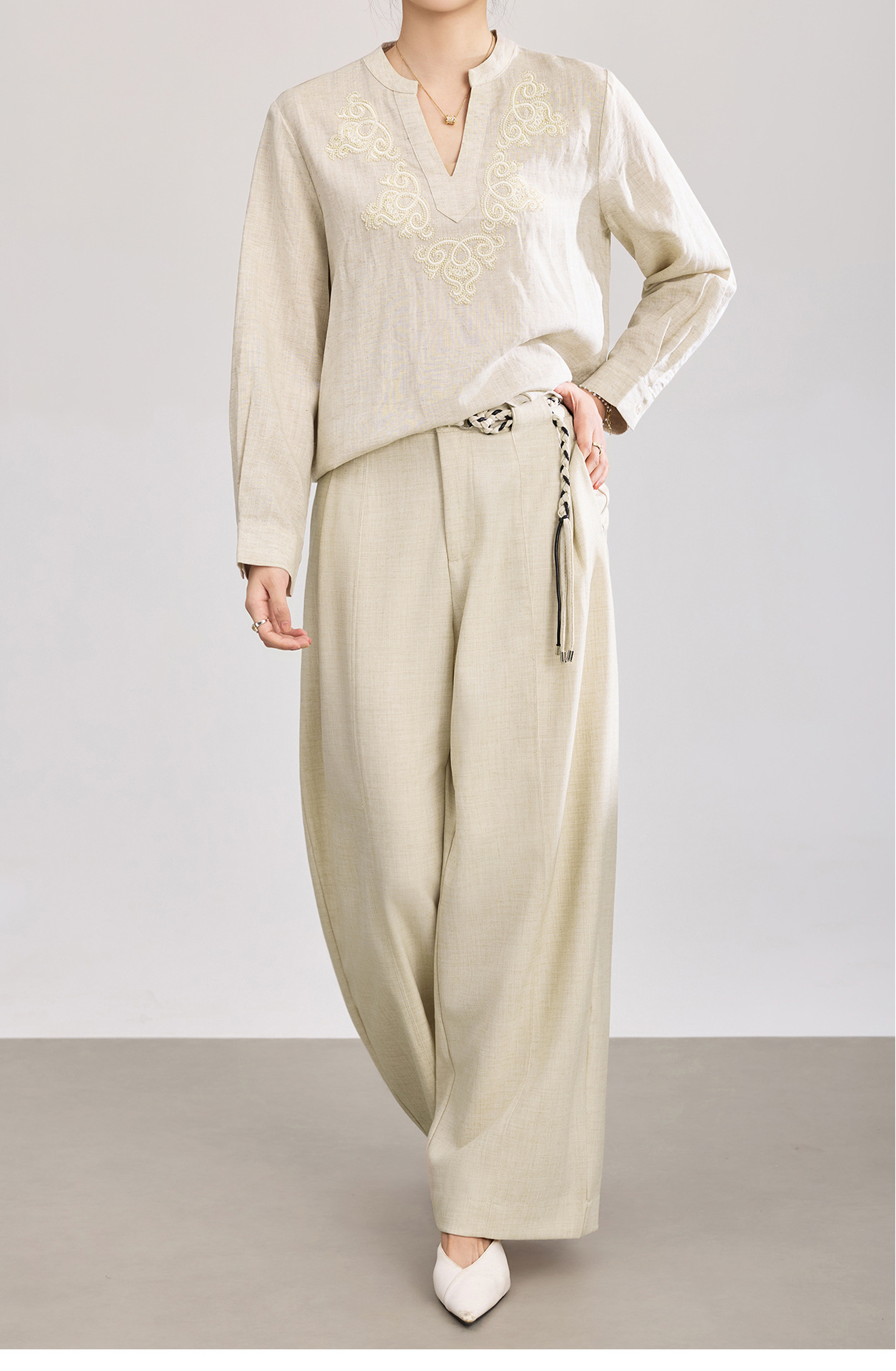 Quần culottes nữ ống rộng cạp cao kèm thắt lưng dệt bản to — màu đen chi tiết 10